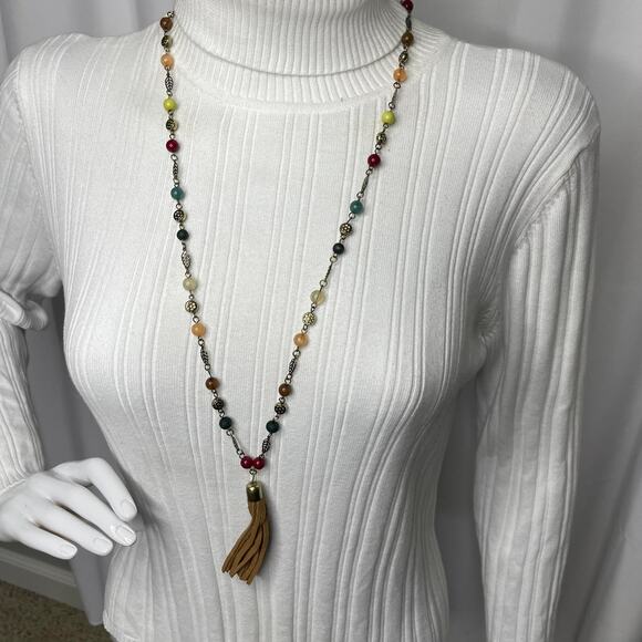 Chico's beaded pendant tassel necklace signed costume jewelry neutral natural - Picture 9 of 12
